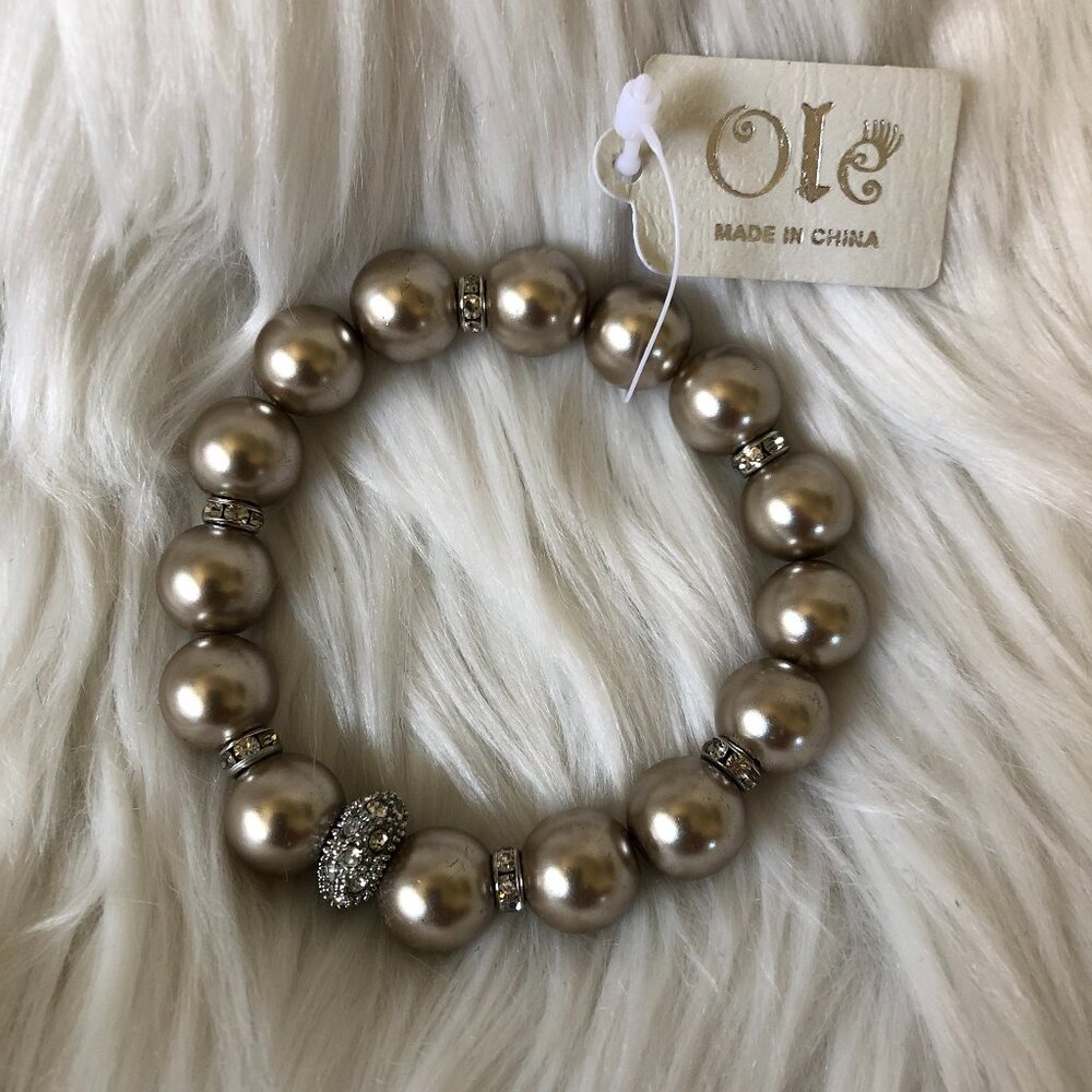 ole champagne round pearl beaded crystal stretch bracelet